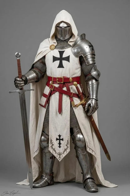 Wearable White Templar Knight Armor with gothic crusader design and black cross front view