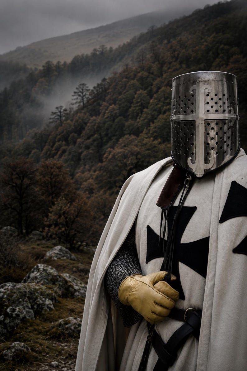 White Templar knight costume front view showing medieval crusader cloak with black cross and decorative winged helmet for cosplay events