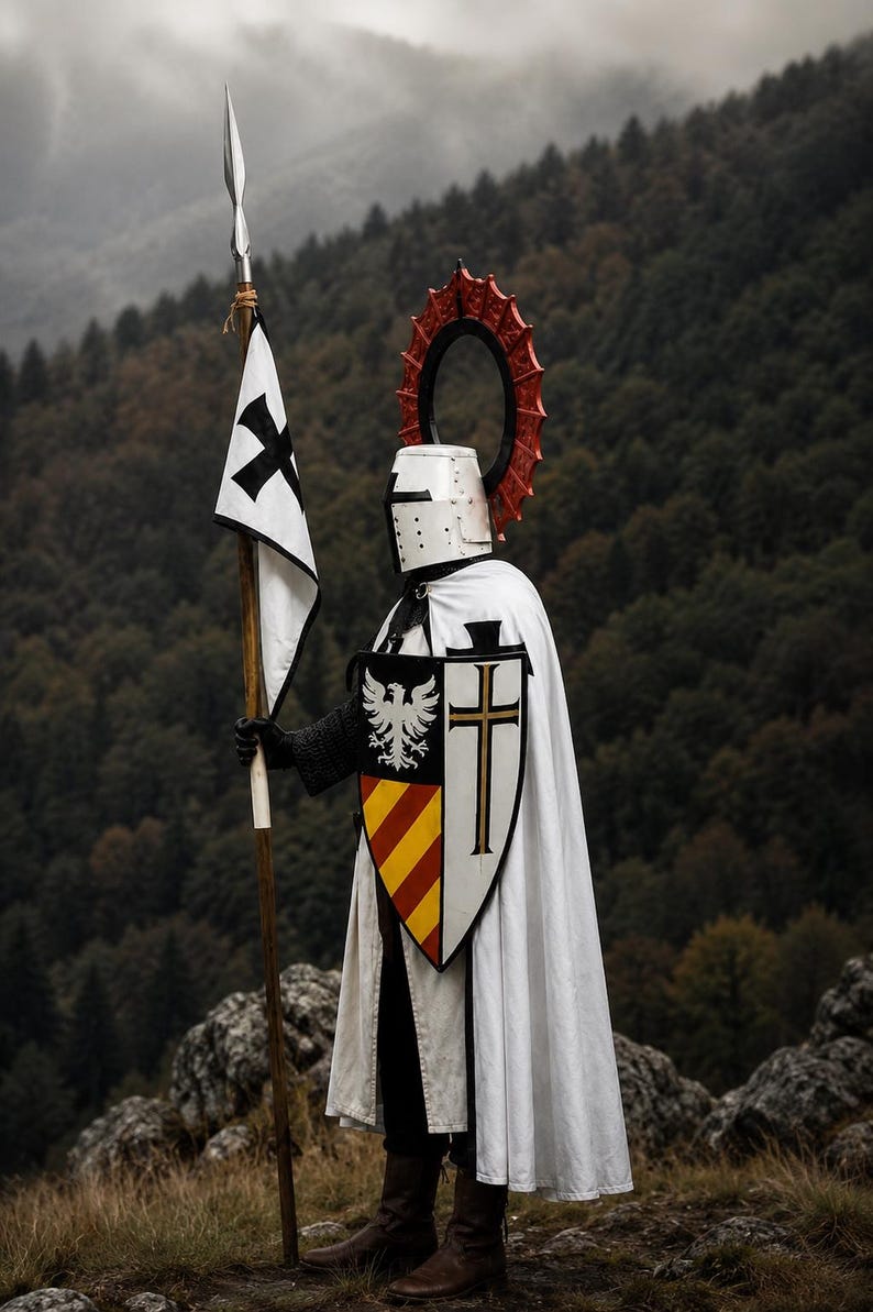 White Templar knight costume front view showing medieval crusader armor with red wings helmet white cloak and black cross for cosplay events