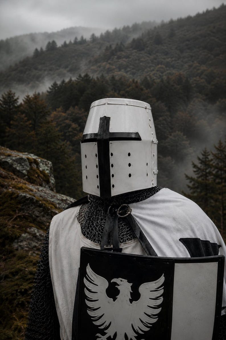 White cloak with black cross from Medieval Knight White Templar Armor designed for crusader cosplay LARP and historical reenactment costume