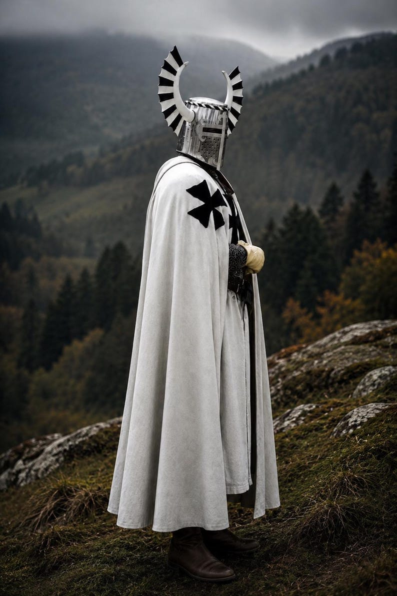 Winged helmet from Medieval Knight White Templar Armor inspired by crusader knight costume for LARP and Renaissance fair cosplay