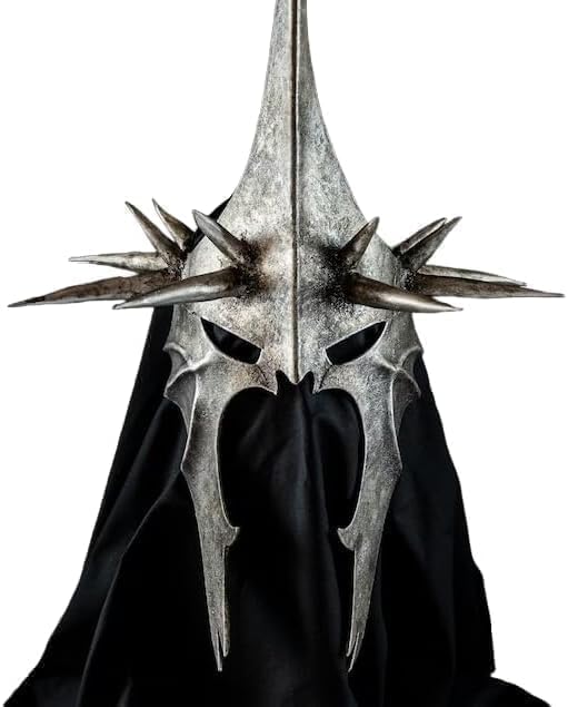 Nazgul Witch King helmet worn as part of a full costume for cosplay or Halloween event.