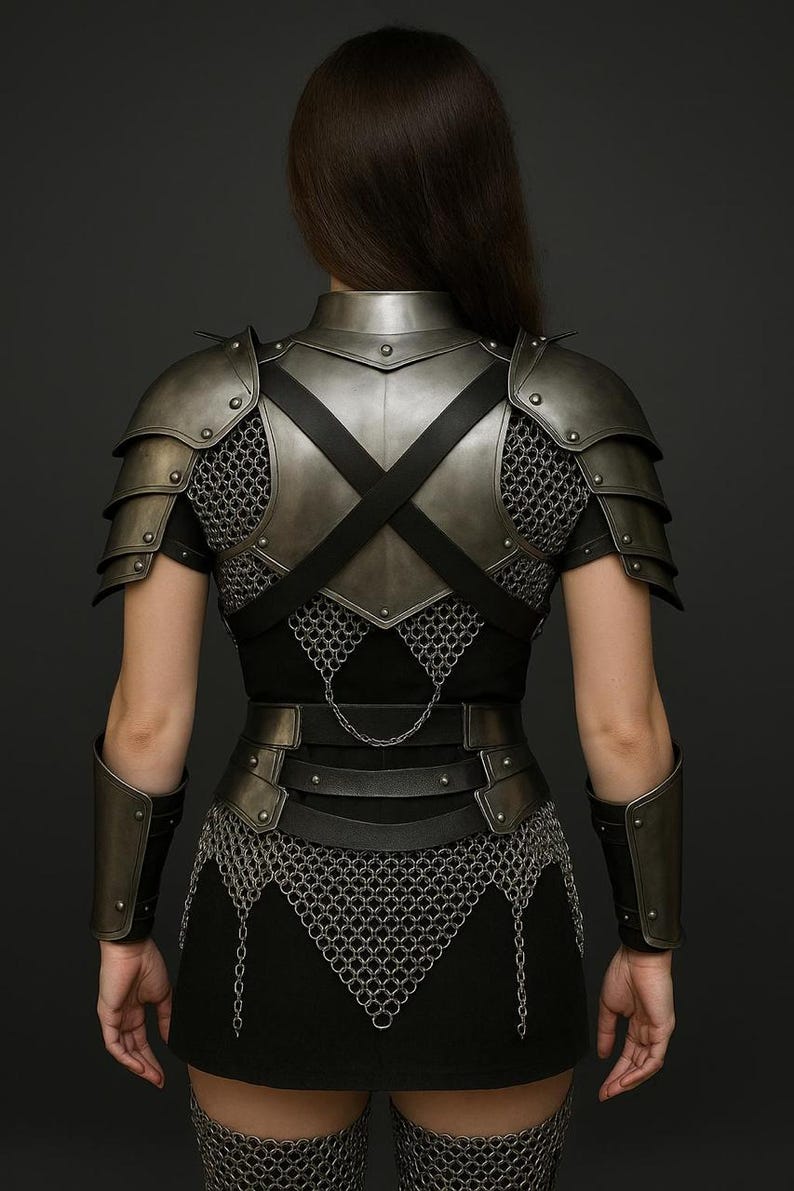 Women’s steel armor cosplay with bracers, high neck gorget, and chainmail accents – perfect for renaissance fairs and roleplay