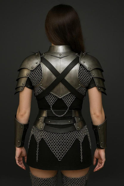 Women’s steel armor cosplay with bracers, high neck gorget, and chainmail accents – perfect for renaissance fairs and roleplay
