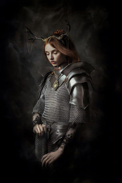 Women’s Chainmail Armor with Gorget and Pauldrons in medieval knight style