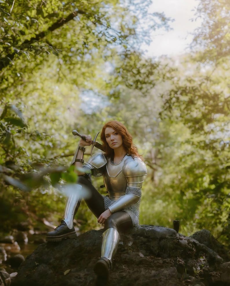 Women’s Chainmail Body Armor for Ren Faire cosplay and LARP, full front view showing chainmail and steel plates