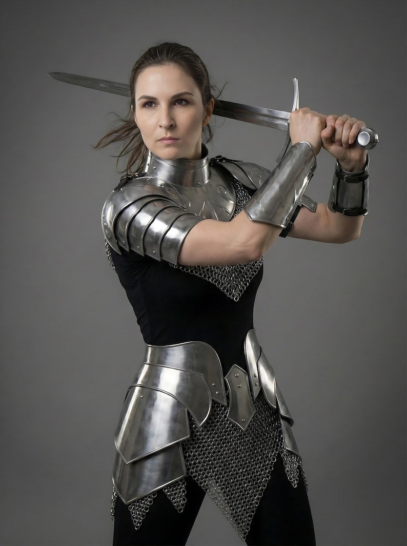 Women’s medieval armor set featuring knight cuirass and antique finish