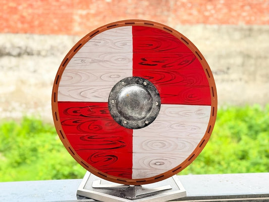 Red and White Viking Round Shield – Authentic Wooden Shield for LARP and Cosplay
