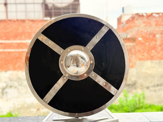 Wooden Shield Viking with Black Steel Border and Polished Boss - Authentic Norse Warrior Shield