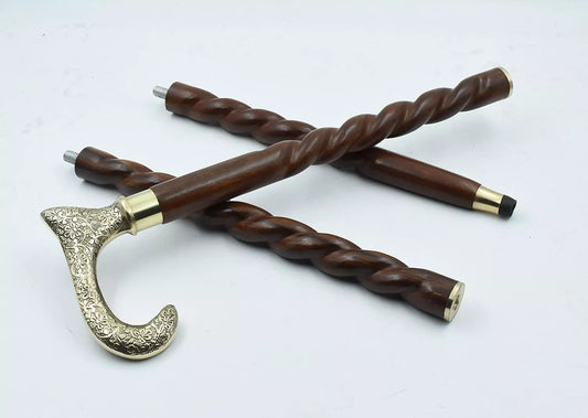 Wooden walking stick nautical cane with brass derby engraved handle