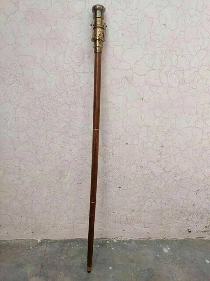 Handmade antique-style walking cane with brass handle and telescope

